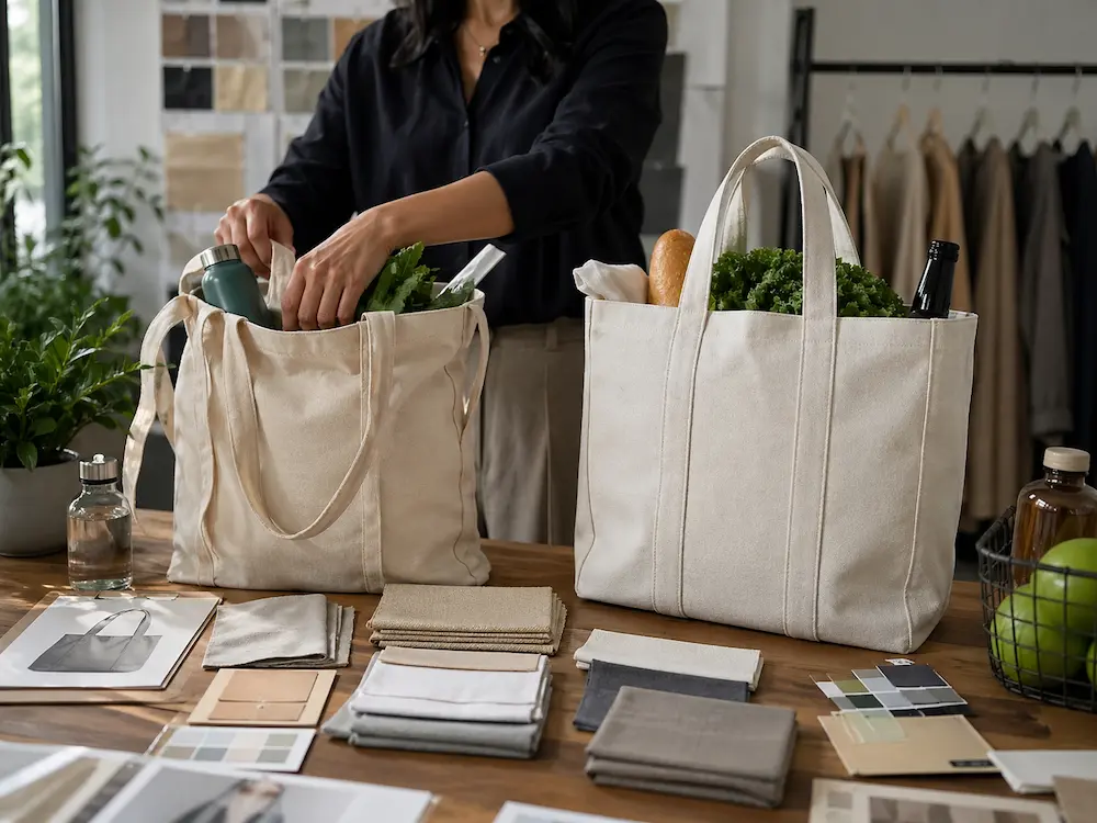 Cotton and canvas reusable tote bags shown in a professional sourcing environment for sustainability comparison