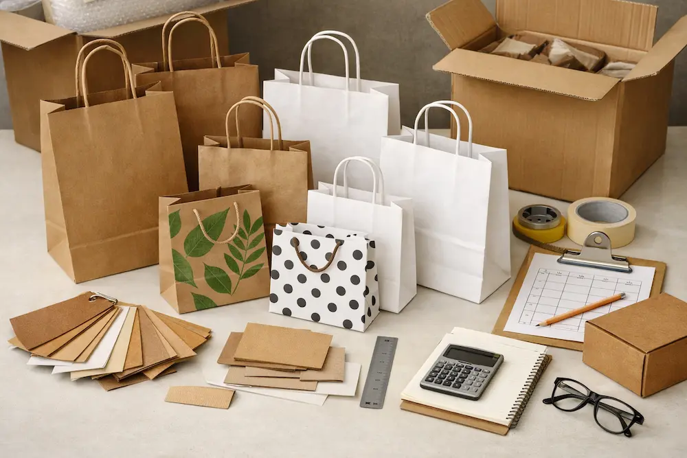 Kraft paper bag samples and sourcing materials arranged on a packaging worktable for importer review