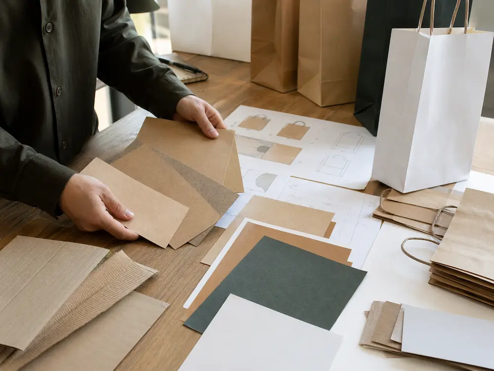 Eco paper bag material samples including kraft, recycled kraft, and white paper arranged on a sourcing worktable