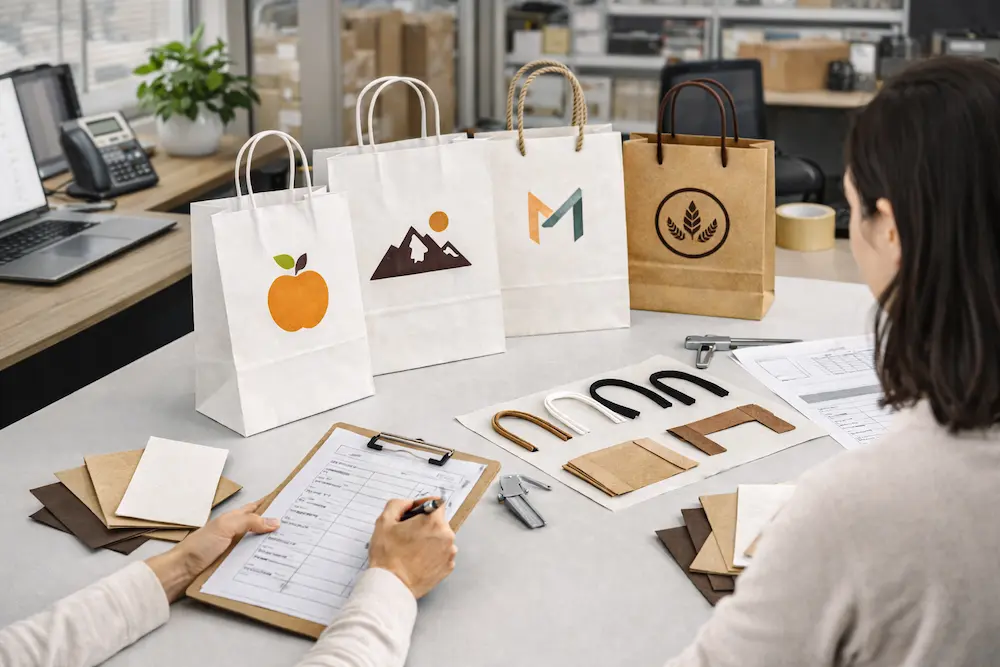 Custom printed paper bag samples, paper swatches, and export cartons arranged for importer bulk order review