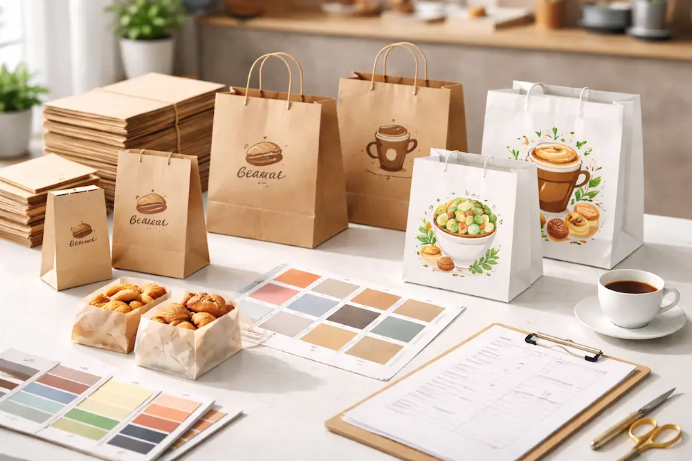 Printed food paper bags samples in a bakery and takeaway packaging selection display
