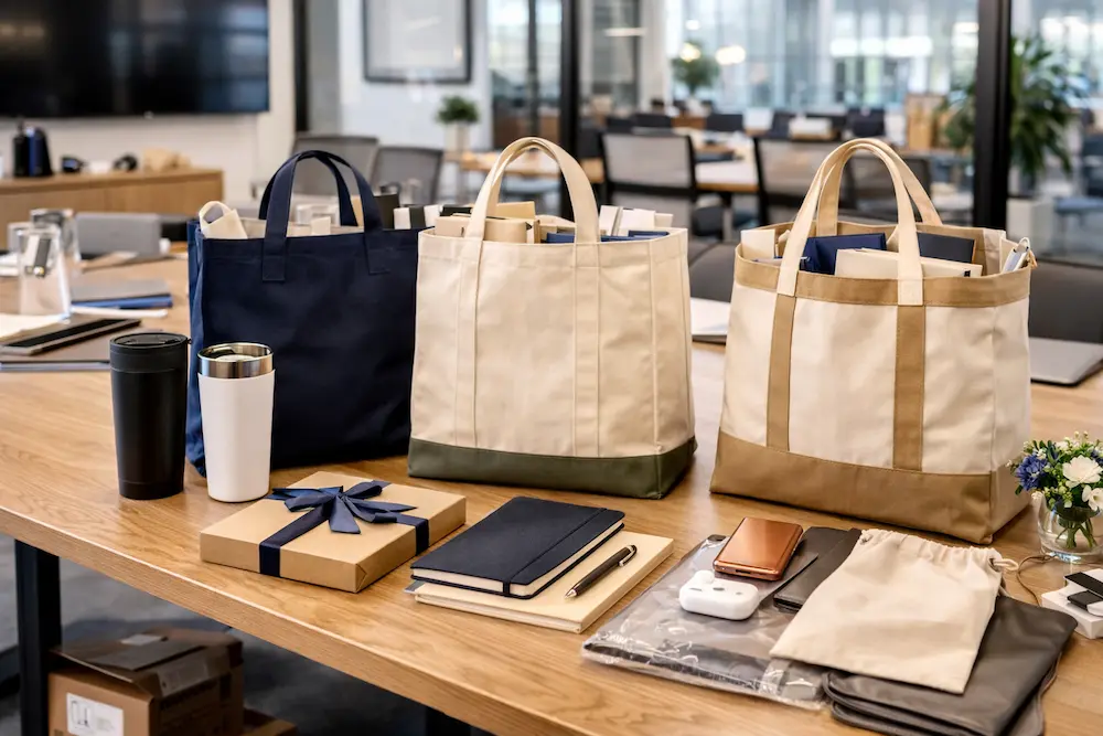 Branded tote bags displayed in a professional corporate gifting environment