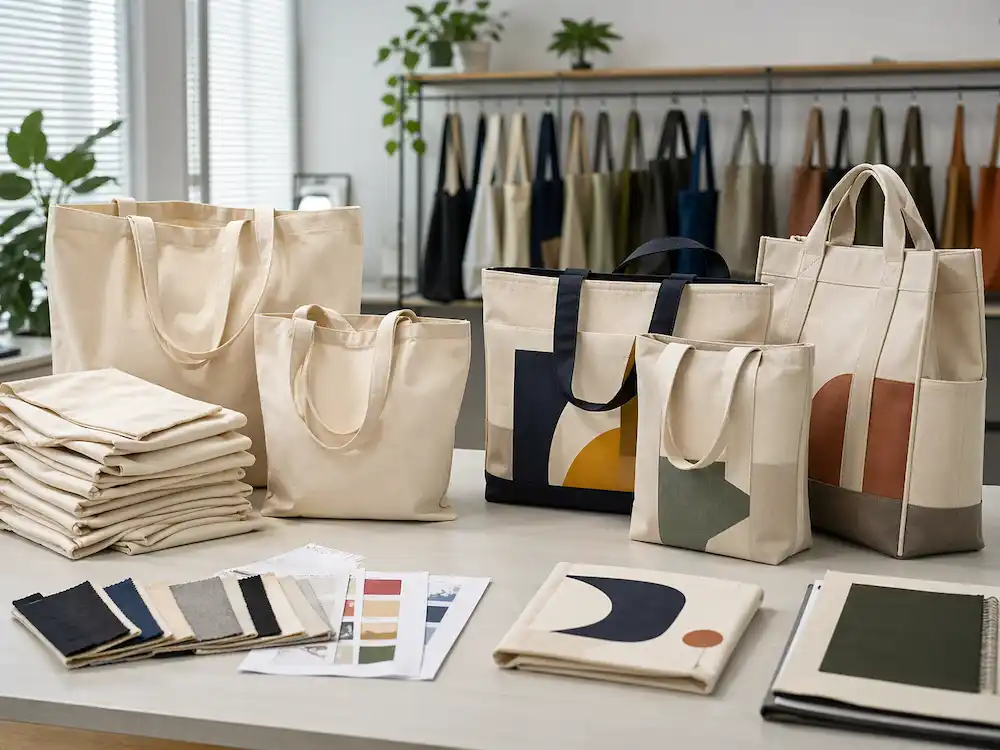 Bulk tote bags and custom tote bags compared side by side in a professional sourcing environment