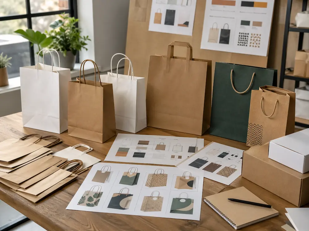 Paper bags with handles in different styles displayed with packaging notes and retail product samples on a sourcing worktable