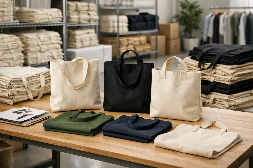 Canvas tote bags in bulk displayed in a retail sourcing and merchandising environment
