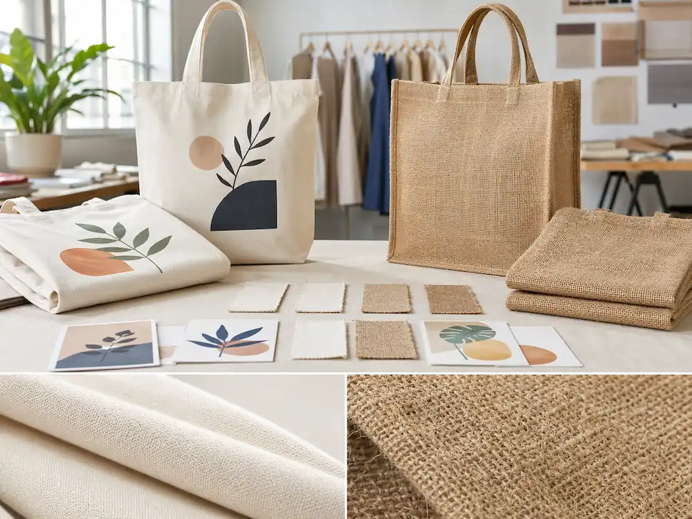 Canvas tote bags and jute bags compared side by side in a professional sourcing environment