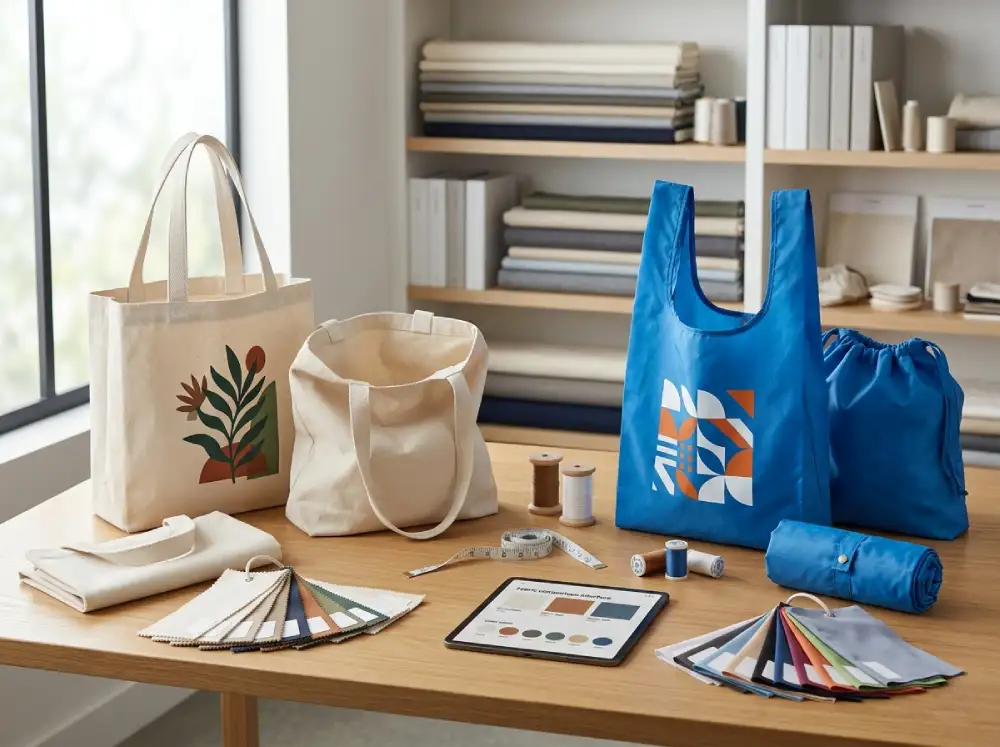 Canvas tote bags and polyester bags compared side by side in a professional sourcing environment