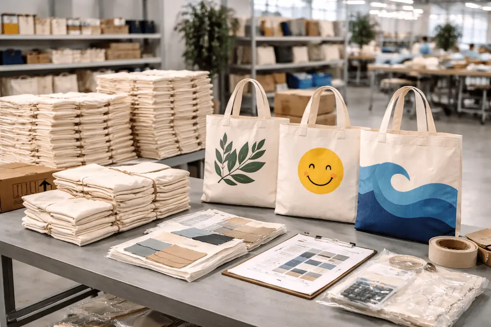 Cheap tote bags in bulk displayed in a professional sourcing and packaging environment