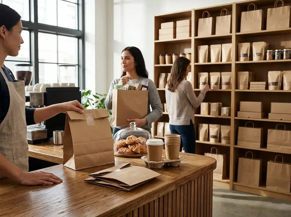 Kraft paper bags for retail and takeaway business packaging display