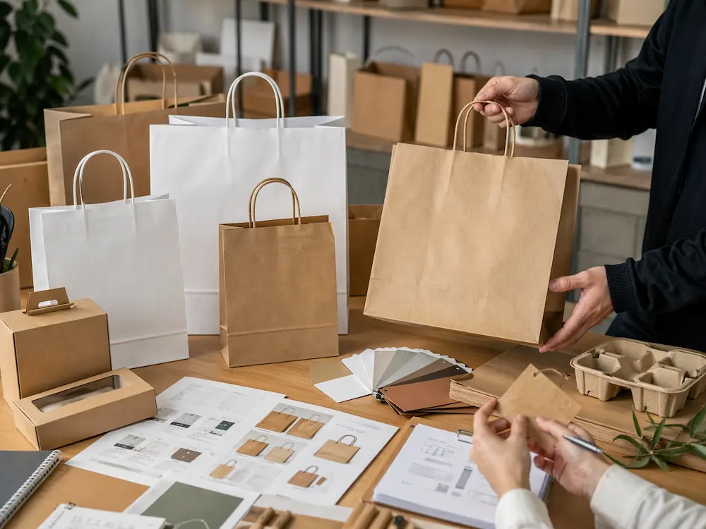 Kraft paper bag samples, paper swatches, handle options, and packaging notes arranged on a sourcing worktable