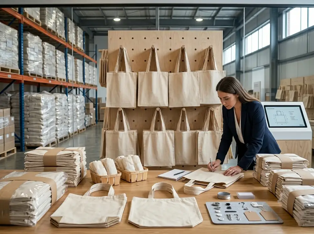 Cotton tote bags wholesale displayed in a professional sourcing and retail packaging environment