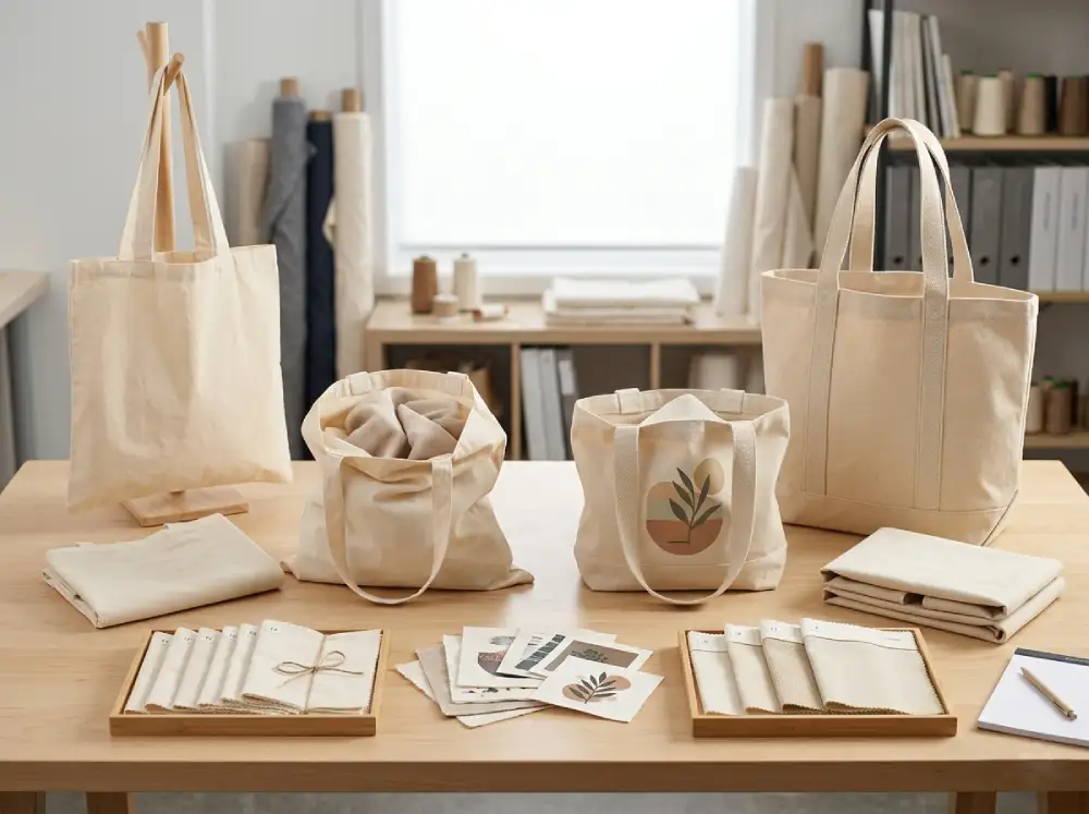 Cotton and canvas tote bags displayed side by side for material comparison in a sourcing environment