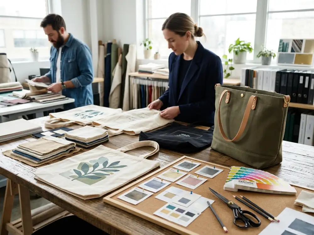 Custom printed tote bags displayed with fabric samples and branding options in a sourcing environment