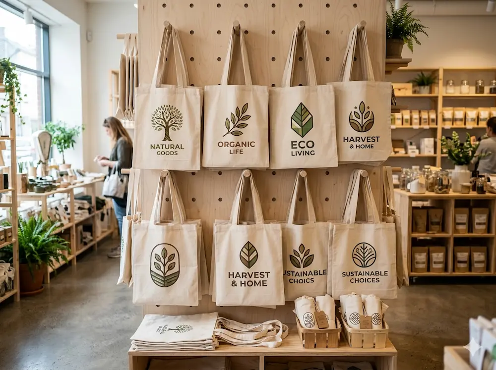 Custom tote bags with logo used in retail and promotional branding