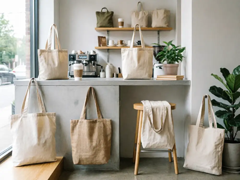 Eco friendly tote bags displayed in a modern retail and everyday brand environment