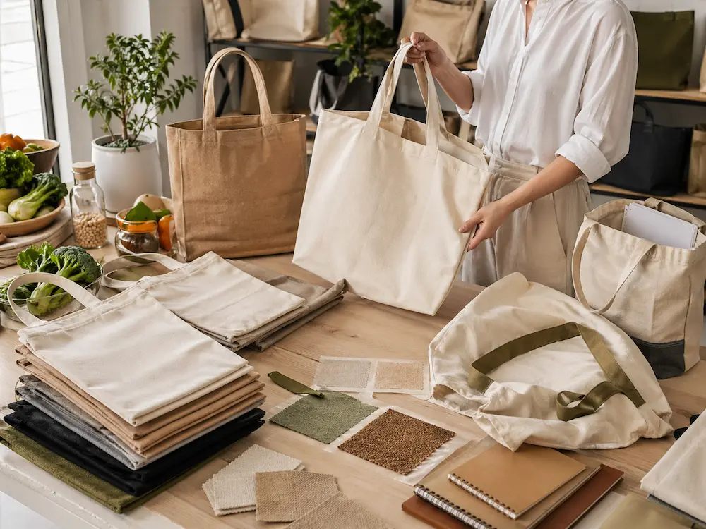Eco friendly tote bags with cotton and canvas material samples shown in a professional sourcing environment