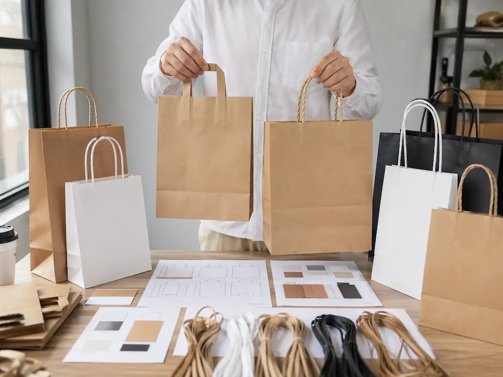 Flat handle paper bags and twisted handle paper bags displayed side by side with packaging notes on a sourcing worktable
