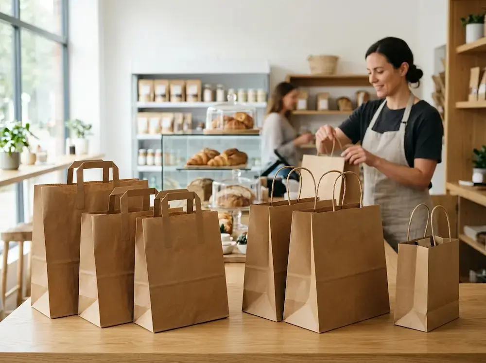 Flat handle paper bags and twisted handle paper bags in retail and takeaway packaging display