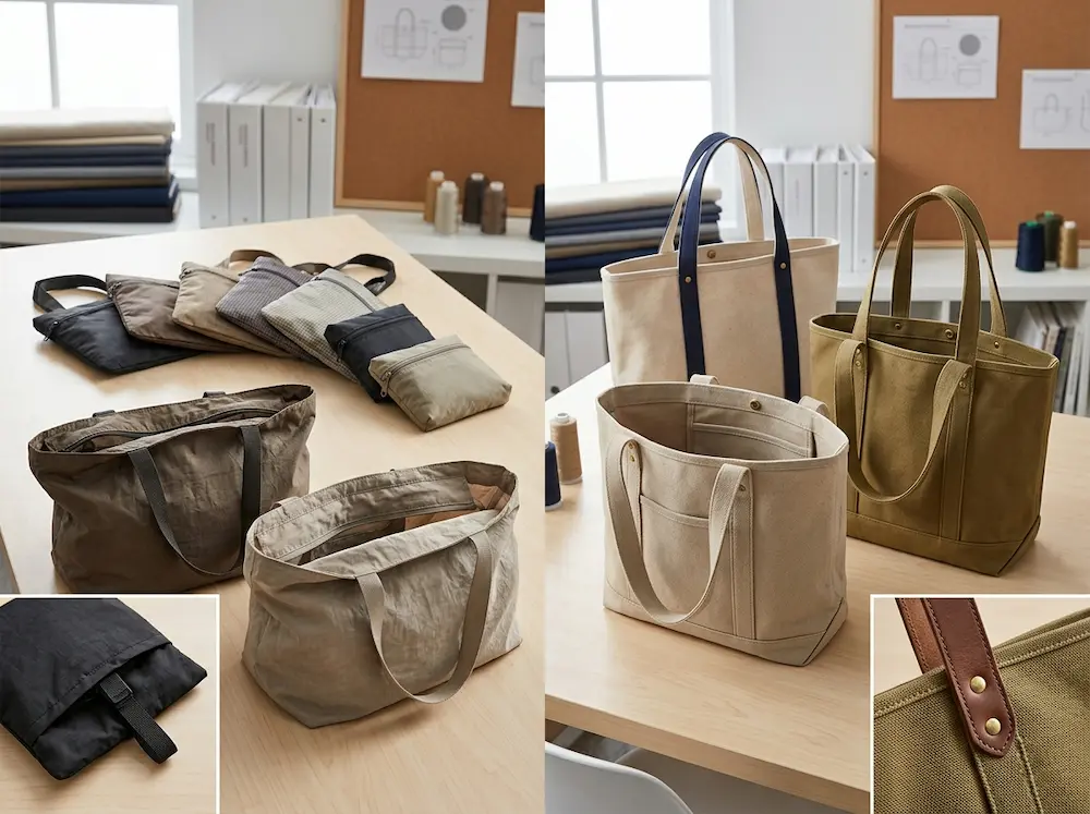 Foldable tote bags and traditional tote bags compared side by side in a professional sourcing environment