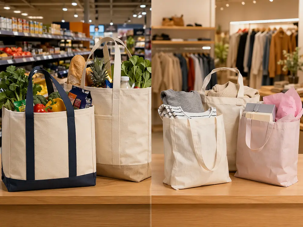 Grocery tote bags and shopping bags compared side by side in a professional retail sourcing environment