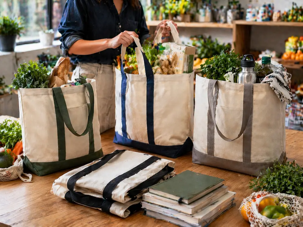 Heavy duty tote bags displayed with reinforced handles and loaded retail items in a commercial environment