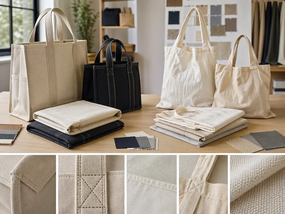 Heavy duty and lightweight tote bags compared side by side in a professional sourcing environment