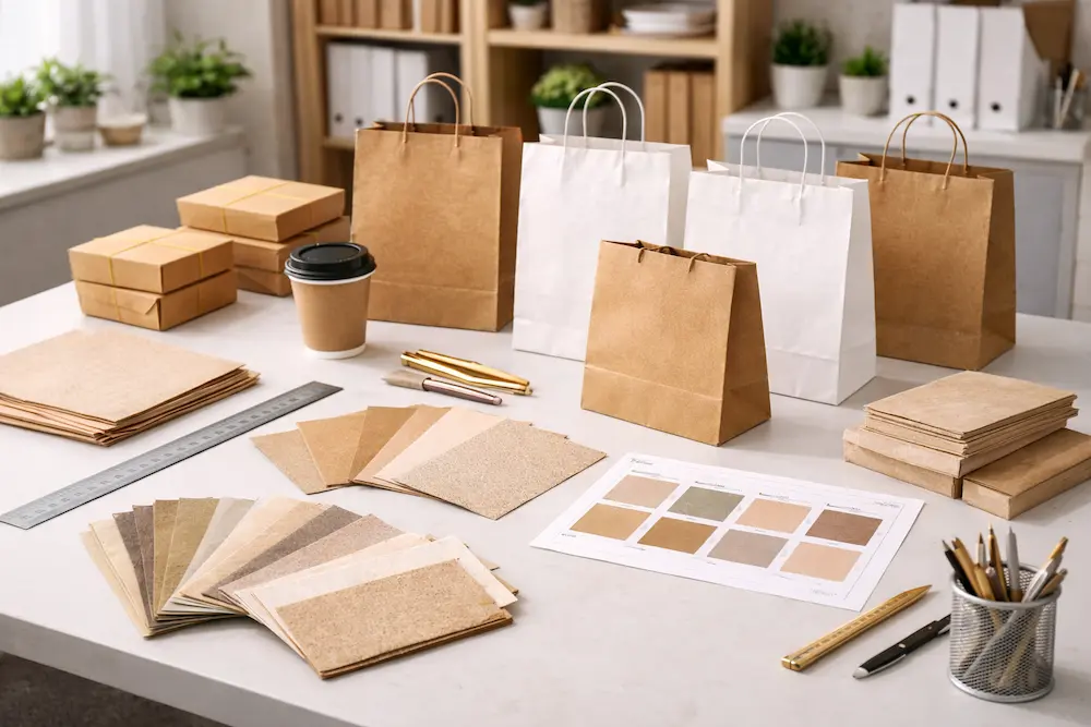 Eco paper bag material samples including kraft, white, and recycled paper in a packaging evaluation setup