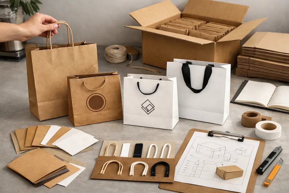 Branded paper bags with handles, logo samples, and packaging materials arranged on a sourcing worktable