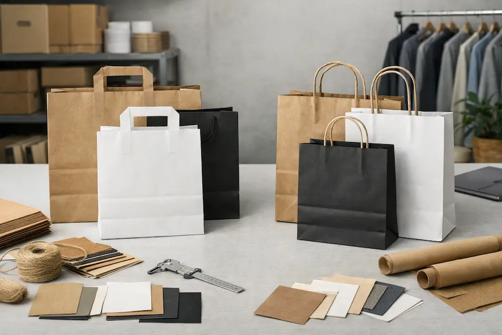 Flat handle paper bags and twisted handle paper bags displayed side by side for importer comparison
