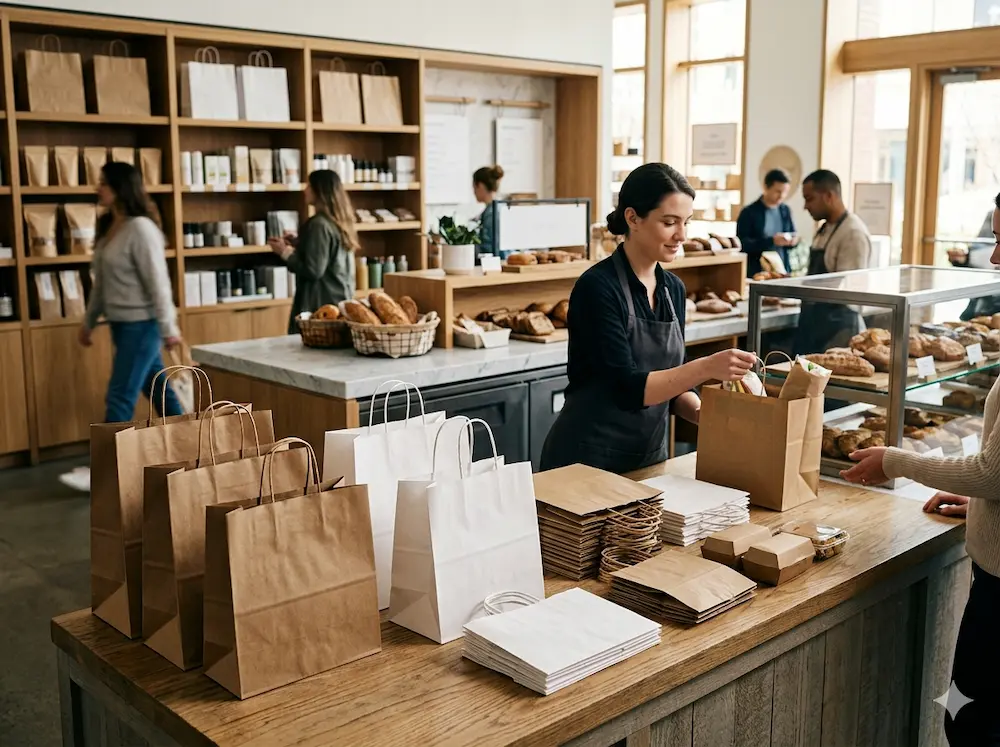 Paper bags for business use in retail and takeaway packaging display