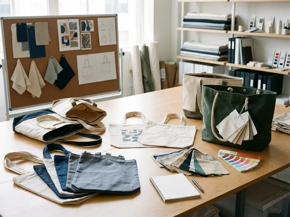 Different tote bag options displayed in a professional sourcing environment for business selection