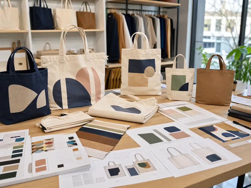 Custom tote bag design planning scene with fabric swatches and branded tote prototypes on a professional worktable