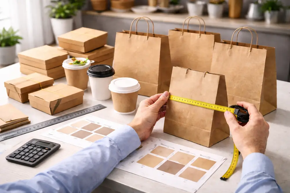 Takeaway paper bags measured beside food boxes and containers on a packaging worktable
