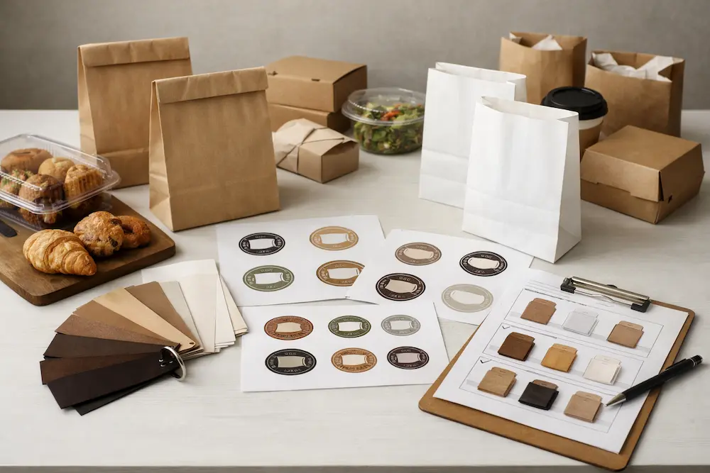 Food paper bag logo samples, paper swatches, and packaging references arranged on a sourcing worktable