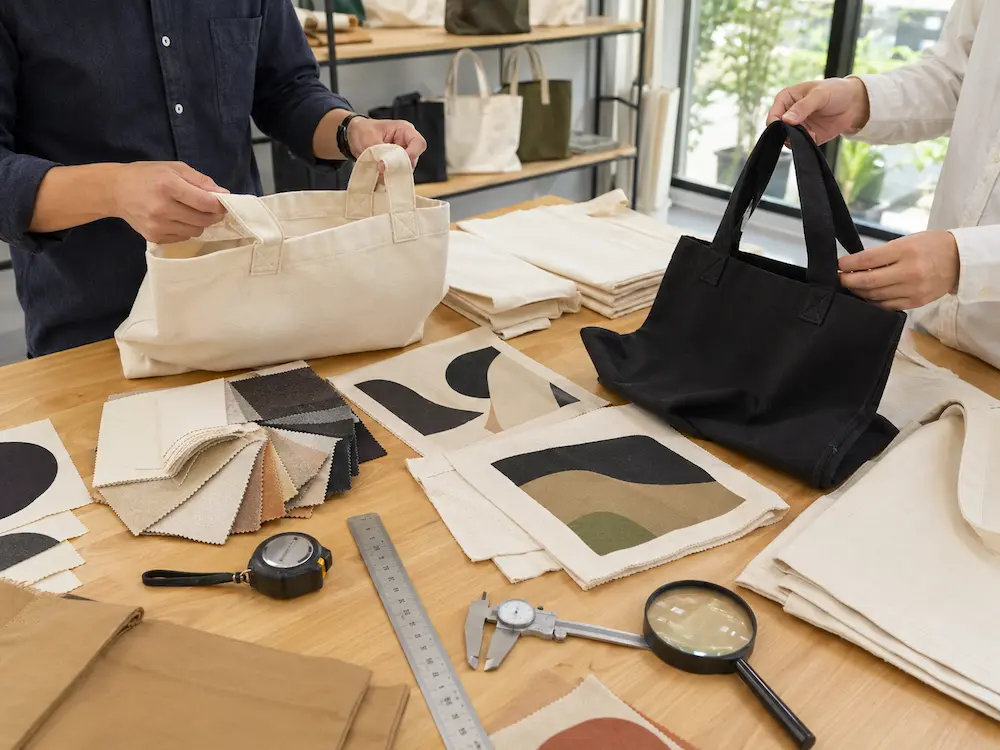 Tote bag quality testing scene with cotton and canvas samples on a professional sourcing worktable
