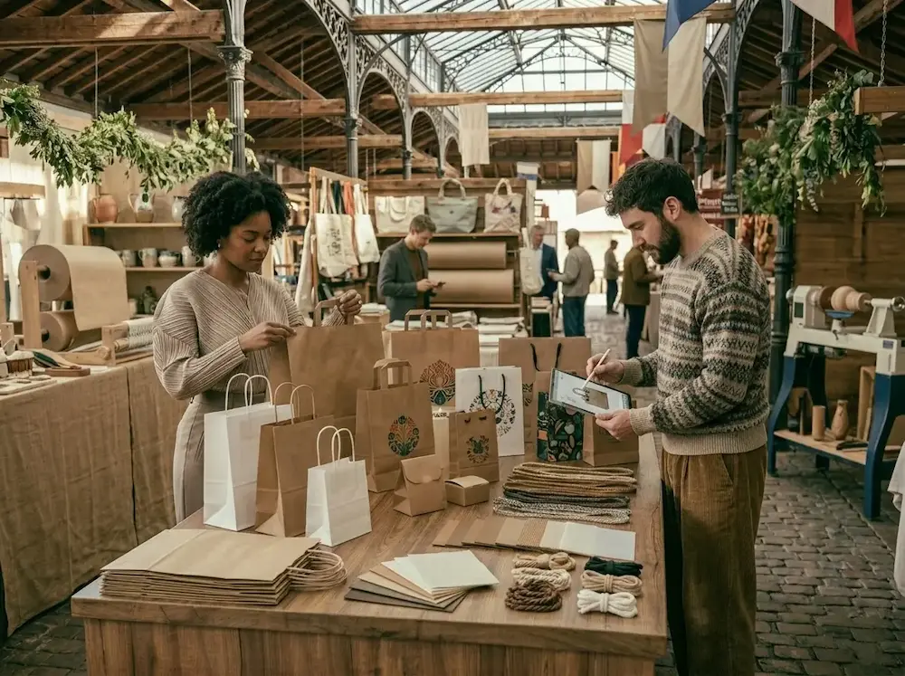 Custom printed paper bags samples in a wholesale sourcing and supplier review setting