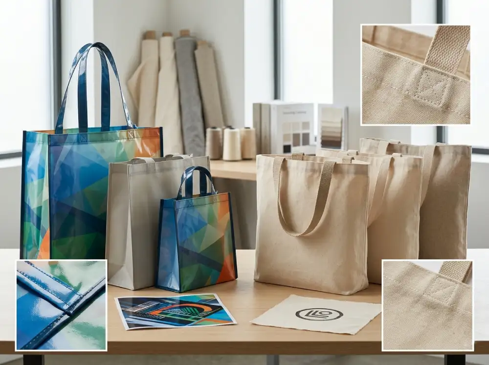 Laminated and non laminated tote bags compared side by side in a professional sourcing environment