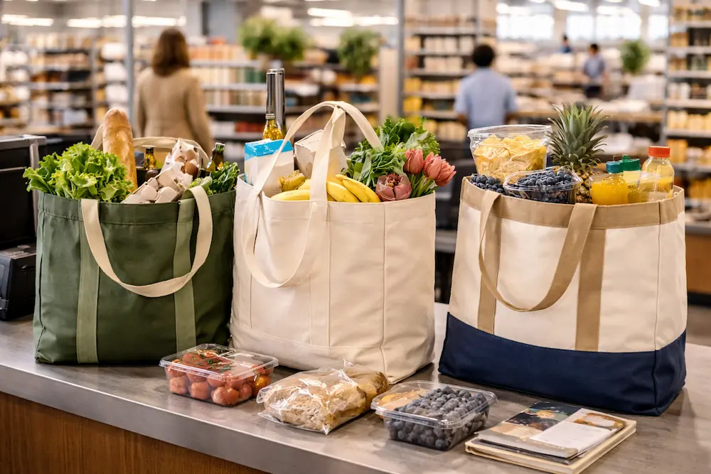 Large capacity tote bags used in a retail and grocery shopping environment