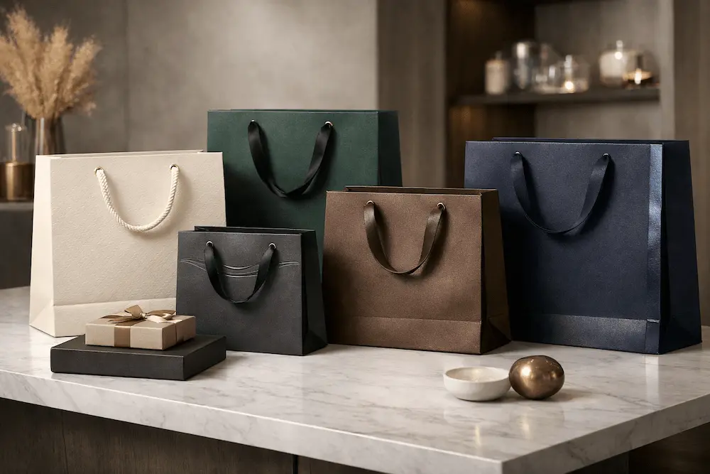 Luxury paper bags with textured premium finishes and elegant handles in a refined retail display