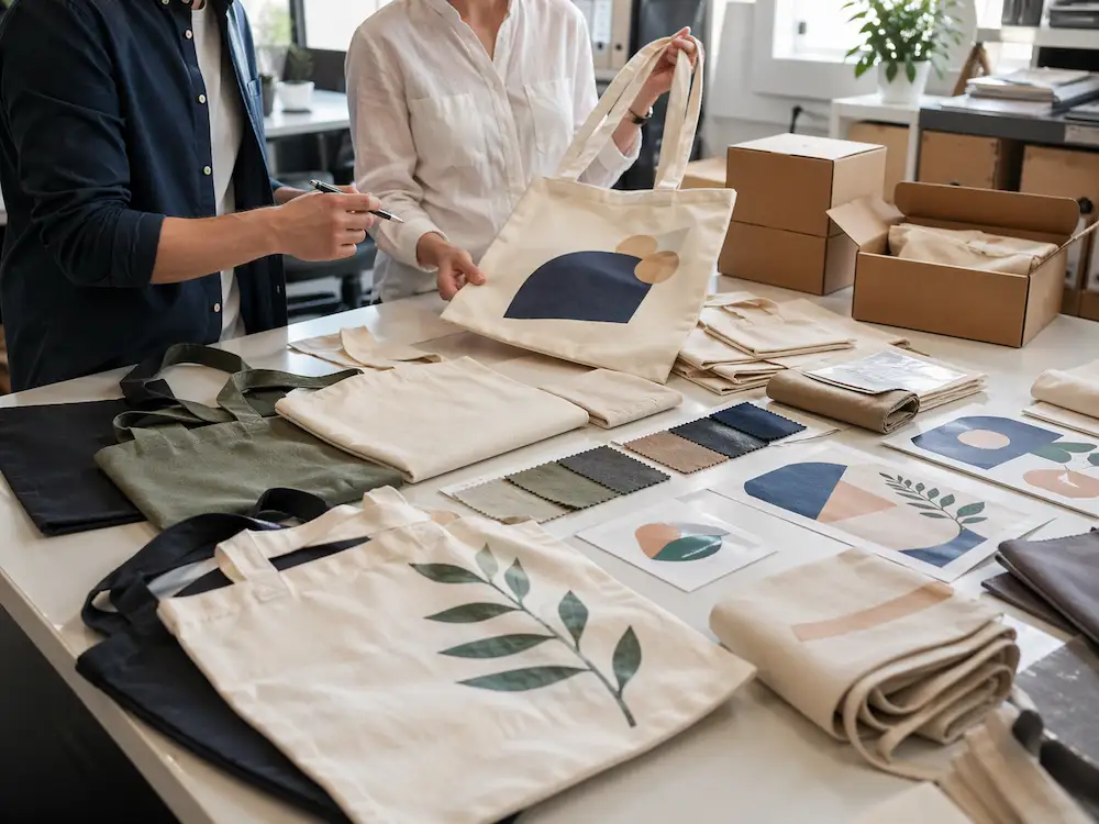 Tote bag MOQ planning scene with cotton and canvas bag samples in a professional sourcing environment