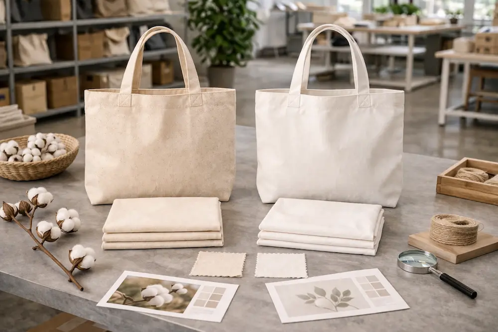 Organic cotton and regular cotton tote bags compared side by side in a professional sourcing environment