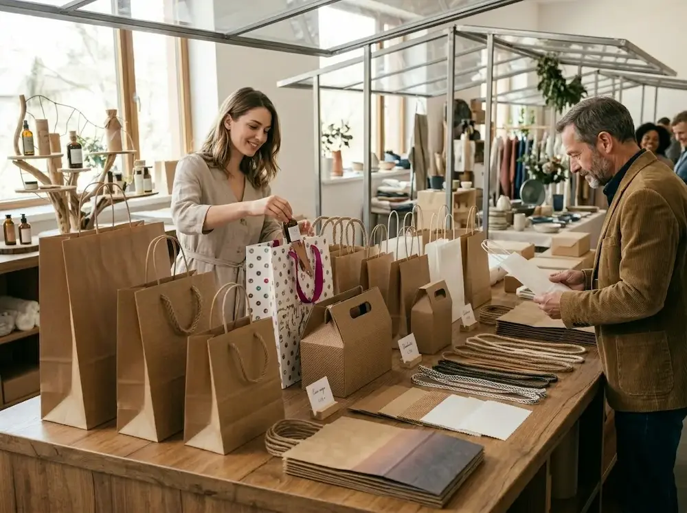 Paper shopping bags in a professional retail packaging and supplier selection display