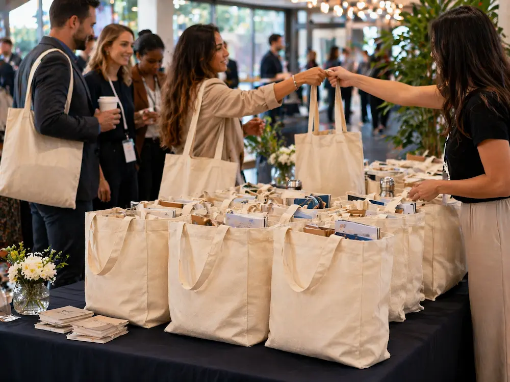 Personalized tote bags displayed in a professional event and registration environment