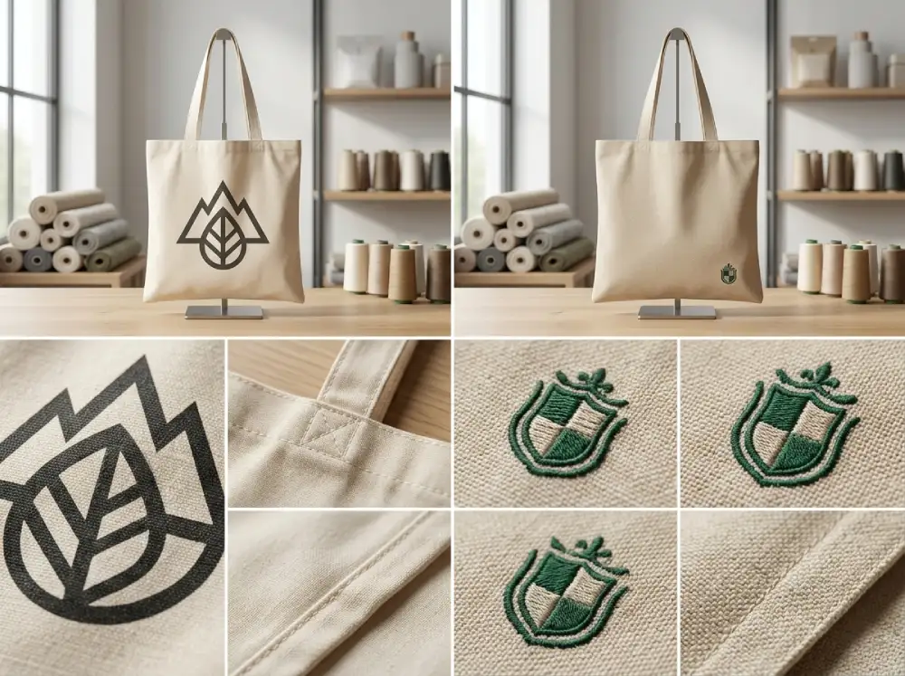 Printed tote bags and embroidered tote bags compared side by side in a professional sourcing setting