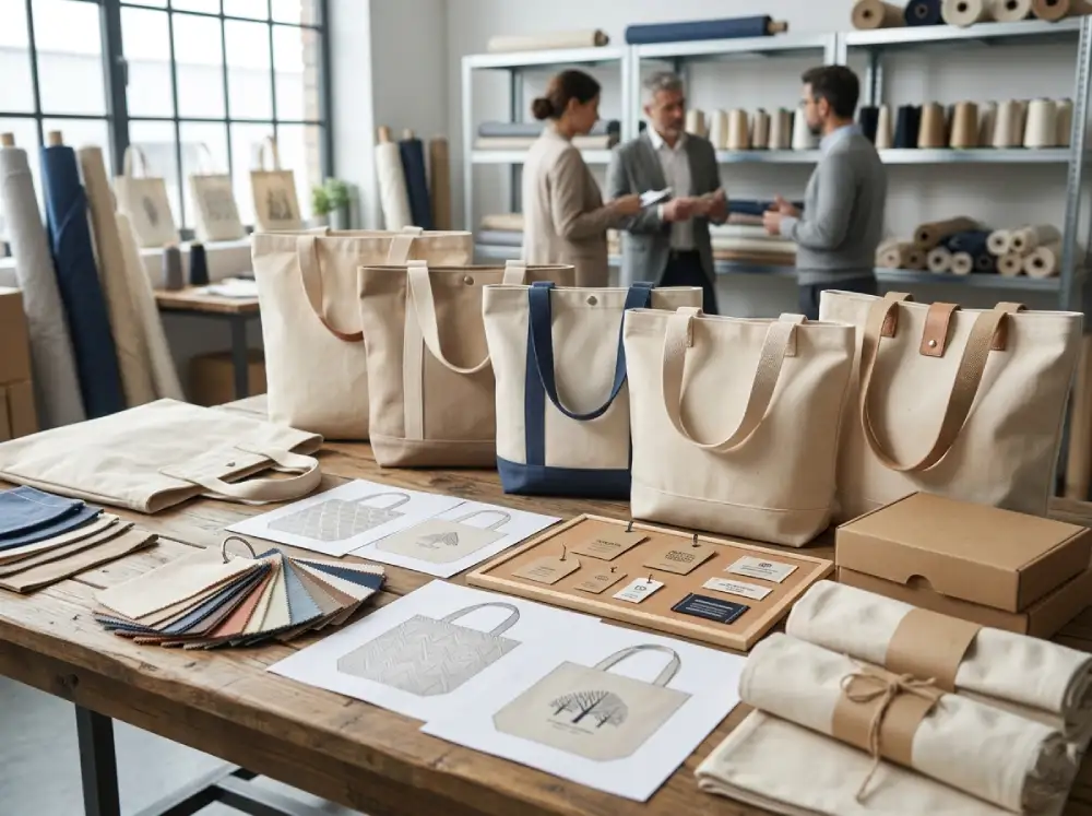 Private label tote bags displayed with OEM and ODM product development samples in a sourcing environment