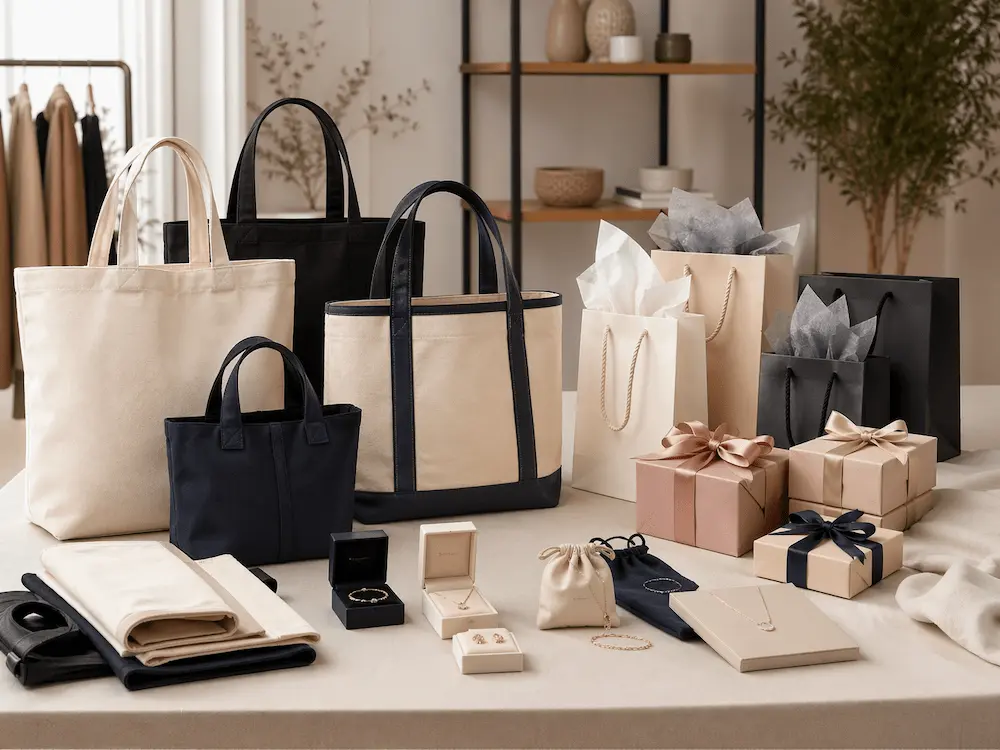 Promotional tote bags and gift bags compared side by side in a professional retail and gifting environment