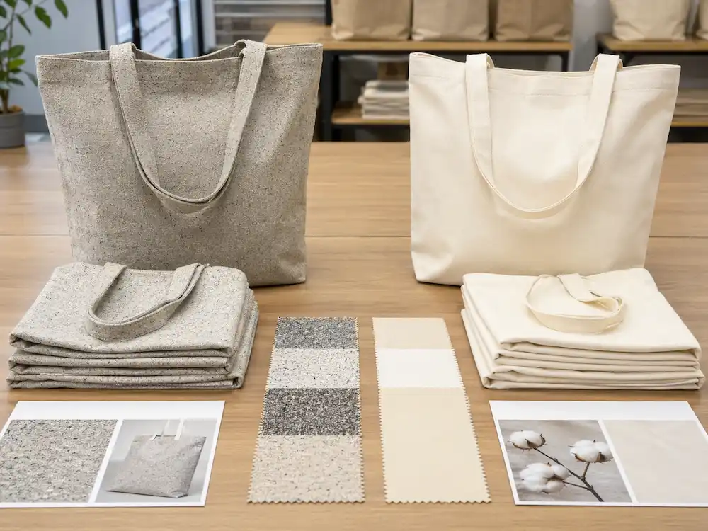 Recycled tote bags and cotton tote bags compared side by side in a professional sourcing environment