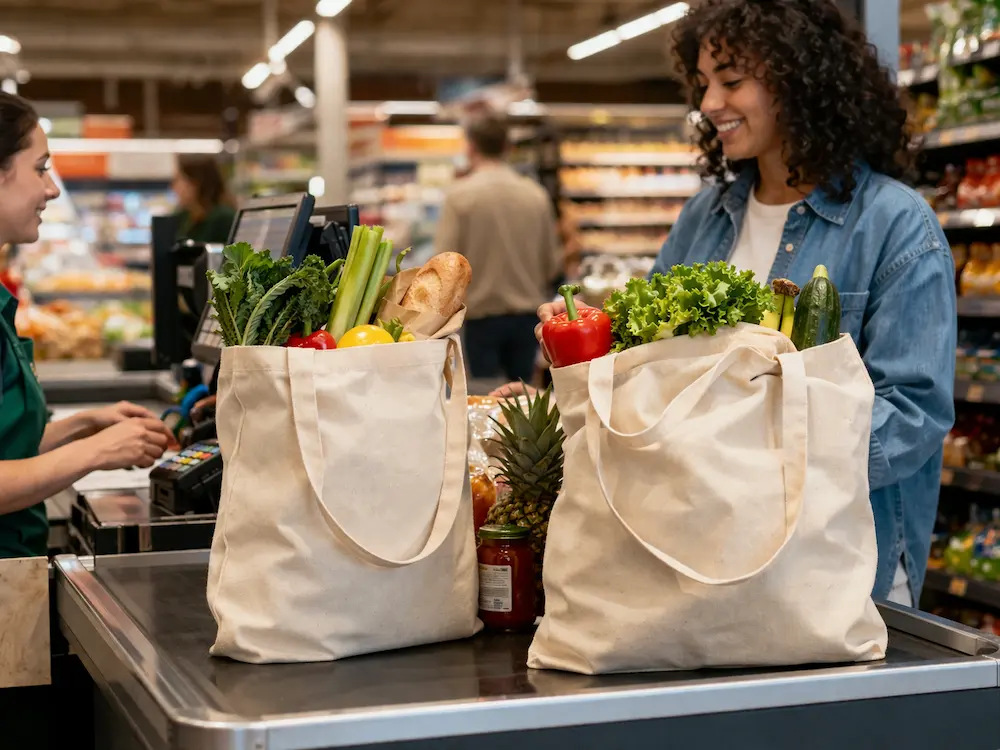Reusable shopping tote bags used in a supermarket grocery and retail environment
