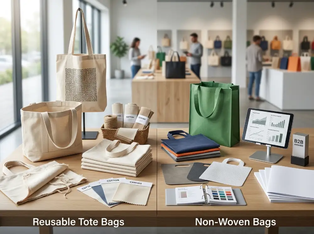 Reusable tote bags and non woven bags compared side by side in a professional sourcing environment