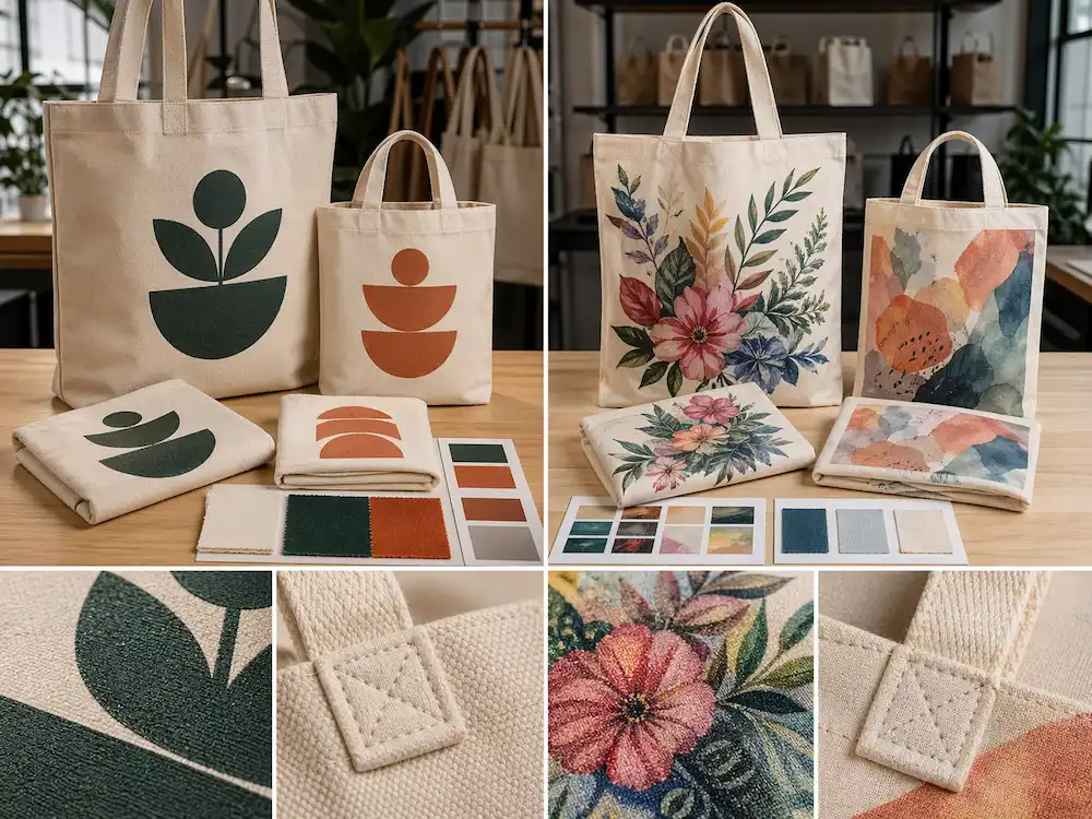 Screen printed and digital printed tote bags compared side by side in a professional sourcing environment